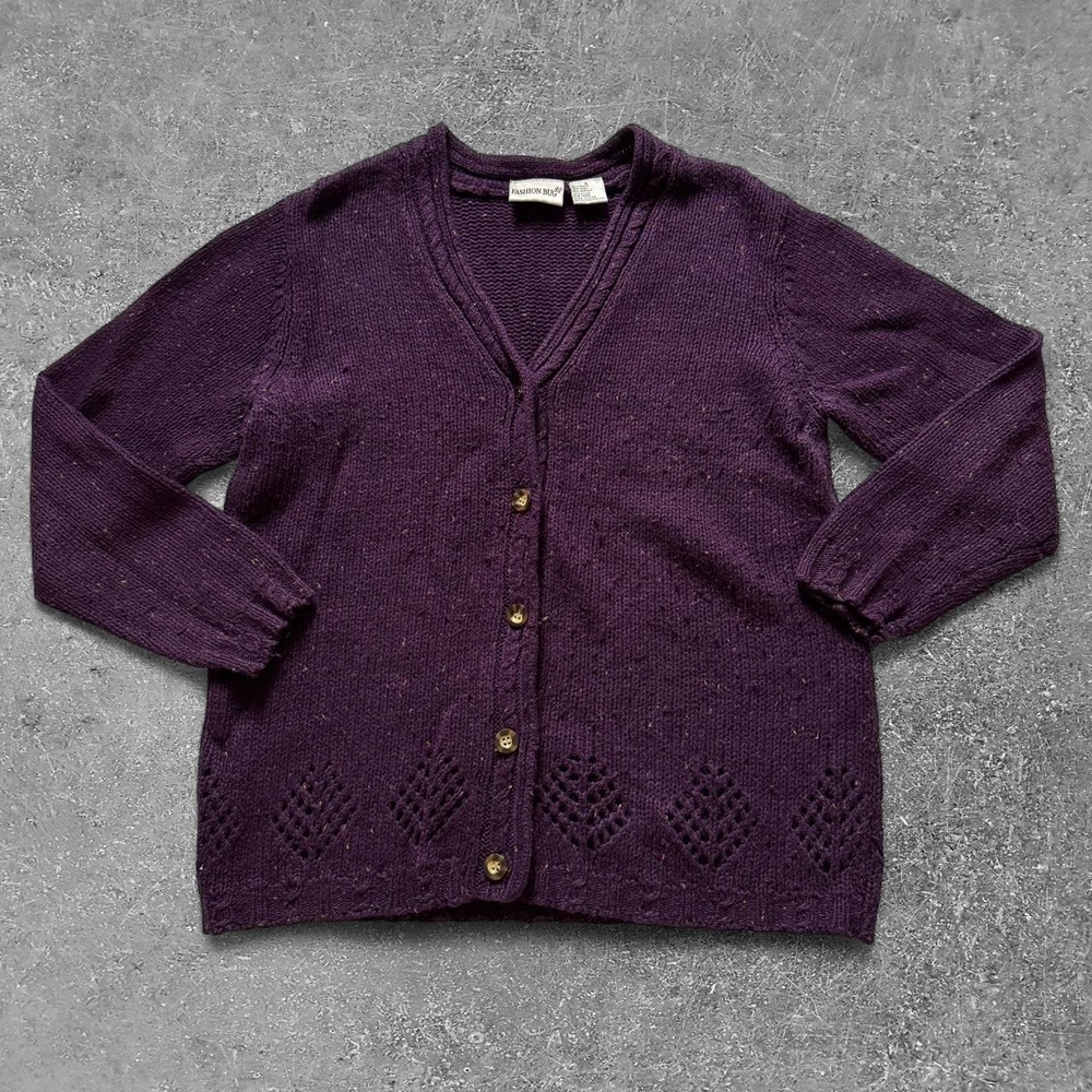 Fashion Bug Purple Diamond Lace Knit Cardigan Sweater Ramie Wool Blend Womens S